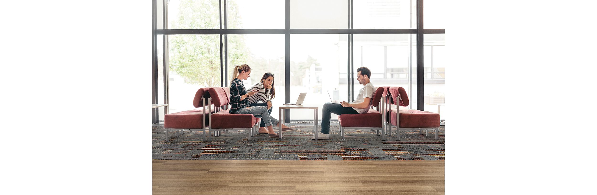 Interface Hard Drive plank carpet tile and Textured Woodgrains in education facility public space with students collaborating image number 7